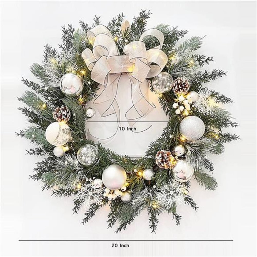 20" Christmas Wreath with Lights for Front Door, Battery Operated LED Lights,